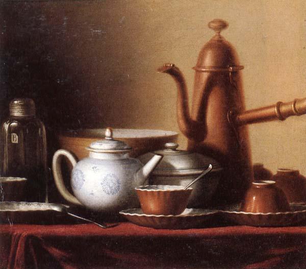 unknow artist Still life of a chocolate pot,teapot,sucrier,bowl,teajar,tea cups and saucers,and silver spoons,all upon a draped table top Sweden oil painting art